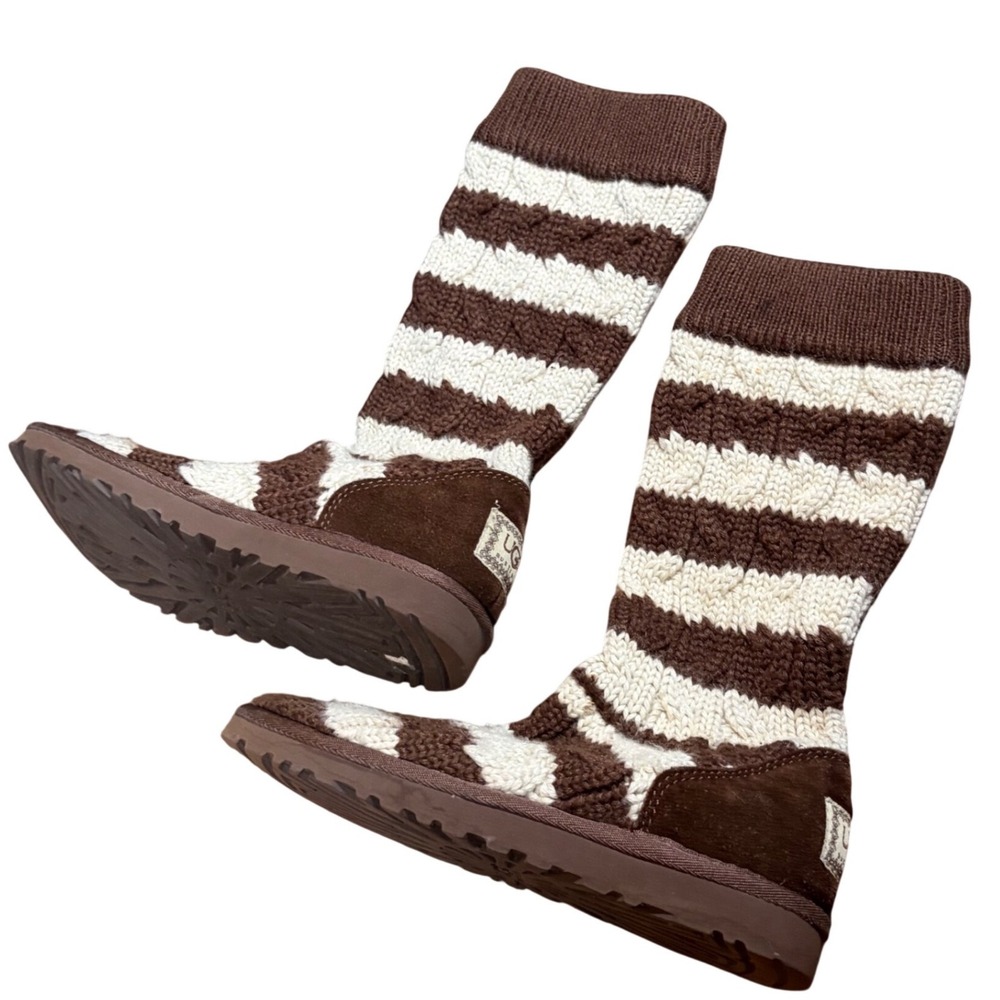 Y2K RARE UGG Australia Argyle Knit Boots Brown Cream Striped Mid Calf Womens 5
